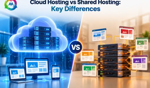 Cloud hosting vs shared hosting comparison showing cloud servers and shared web hosting infrastructure
